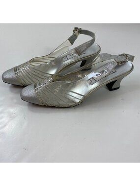 Amanda Womens Silver Glitter Slingback 2-Inch Chunky Heels Pumps  Size 9